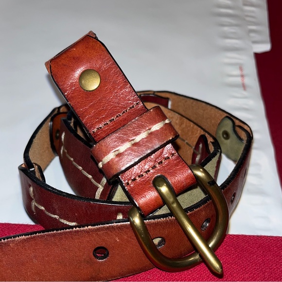 Fossil LEATHER straps Chain Link BROWN BELT 35-39” olive Tan Copper Buckle large - Picture 9 of 16